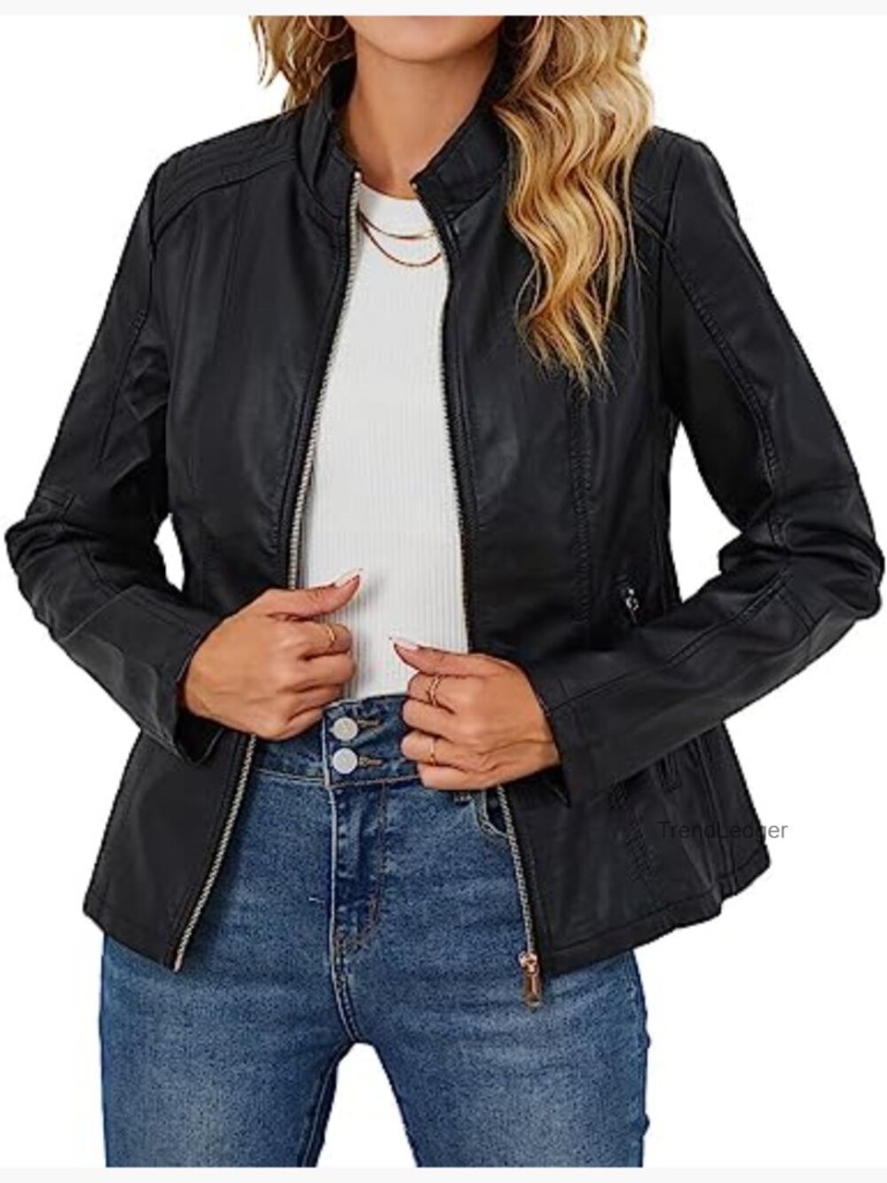 Women's Faux Leather Moto Jacket with Stand Collar & Pockets - Picture 3 of 7